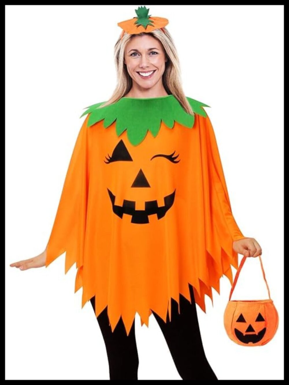 Glow in the Dark Pumpkin Poncho Costume Set with Headband & Candy Bag
